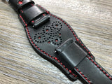 Black full bund strap, Handmade, Leather Cuff watch band, Red brogue pattern watch strap, 20mm, Bespoke, leather watch band, Free shipping - eternitizzz-straps-and-accessories