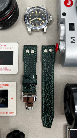 Green Ostrich Legs Big Pilot Leather Watch Strap with Silver Rivets, 22mm, 21mm Watchstraps, Pilot Watch Band, Wristwatch band, Uhrenarmband