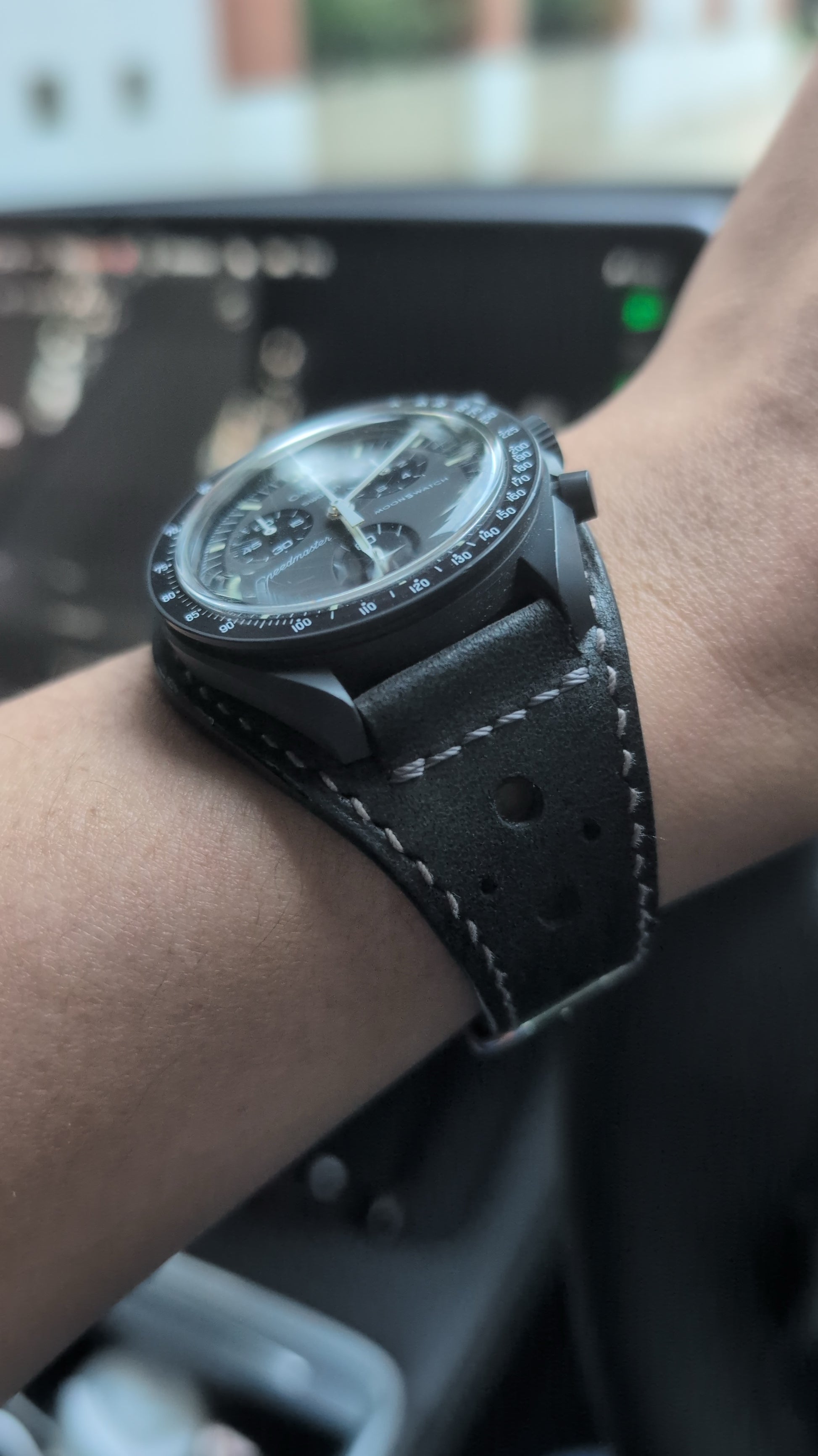 Upgrade your MoonSwatch with a bespoke Black Rally Bund. 100% handmade leather strap for Mission to the Moon & Mercury. Hand-stitched in HK. Shop Eternitizzz.co