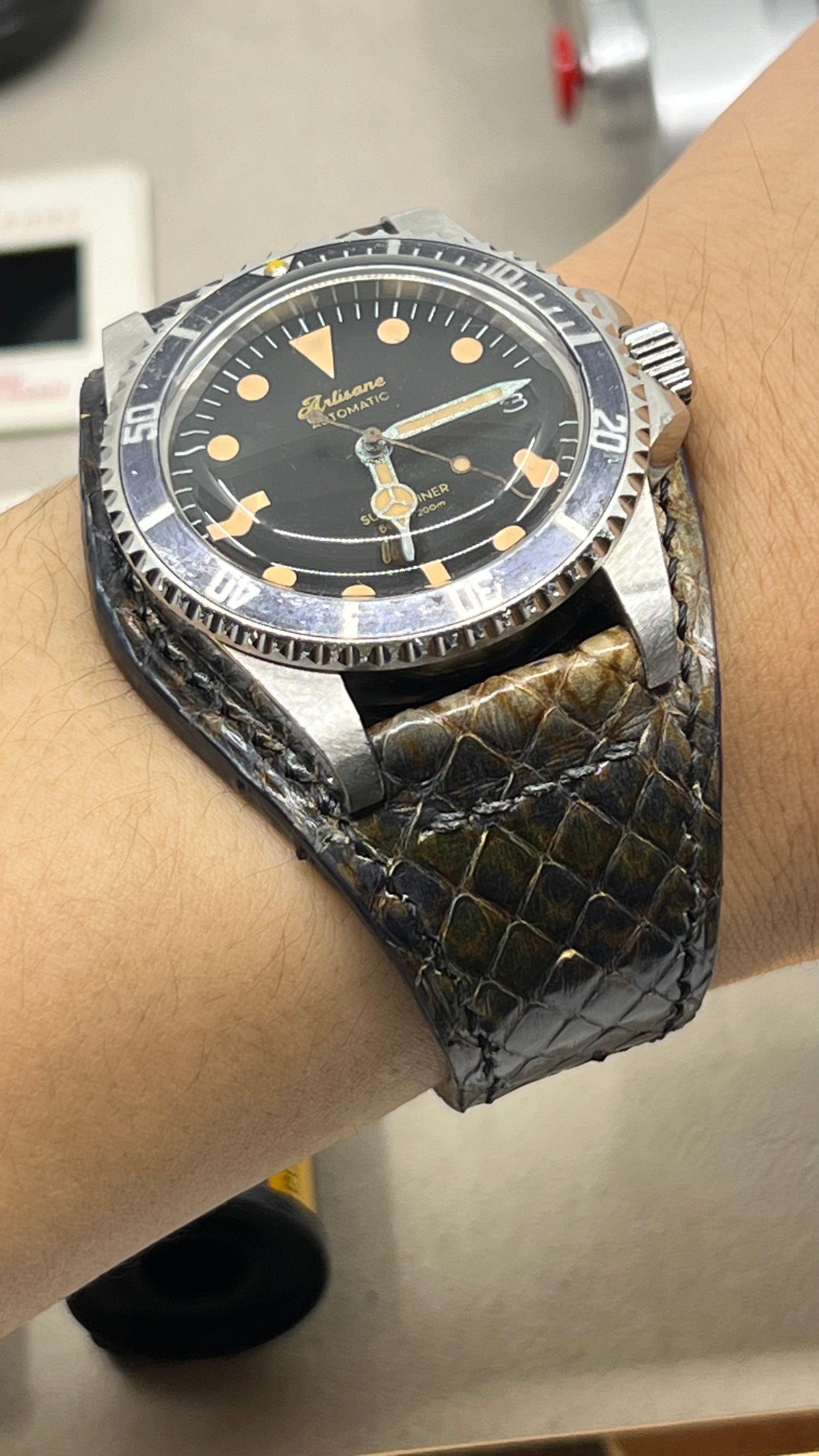 Rolex Watch Strap, Artisané Submariner Watch, Aging Watch, Mechanical Watch, Omega Watch Straps, python Material Leather Bund Style Watch Strap, Watch Strap 20mm, Watch Band 19mm, Handmade Watchstrap 21mm, Gift Ideas for Birthday