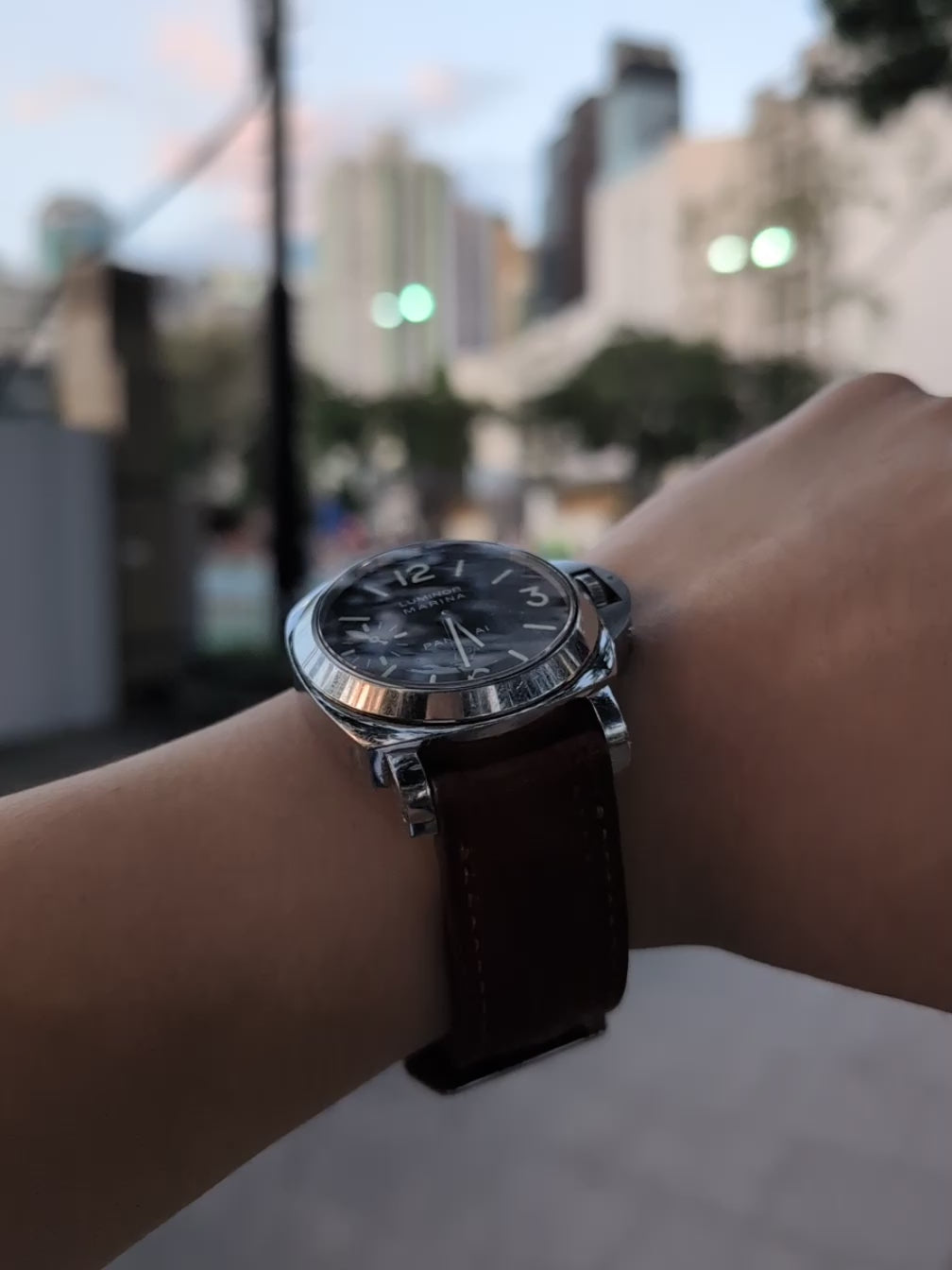 Product video showing the handmade vintage brown Italian leather watch strap, stitching, padding, and overall craftsmanship.