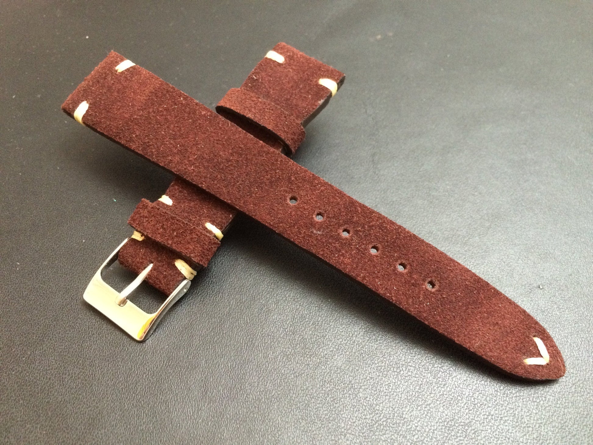 Wristwatch Band in Suede leather, lug width 20mm Cream White Stitching, Vintage Leather Watch Band - Eternitizzz-Watch-Straps