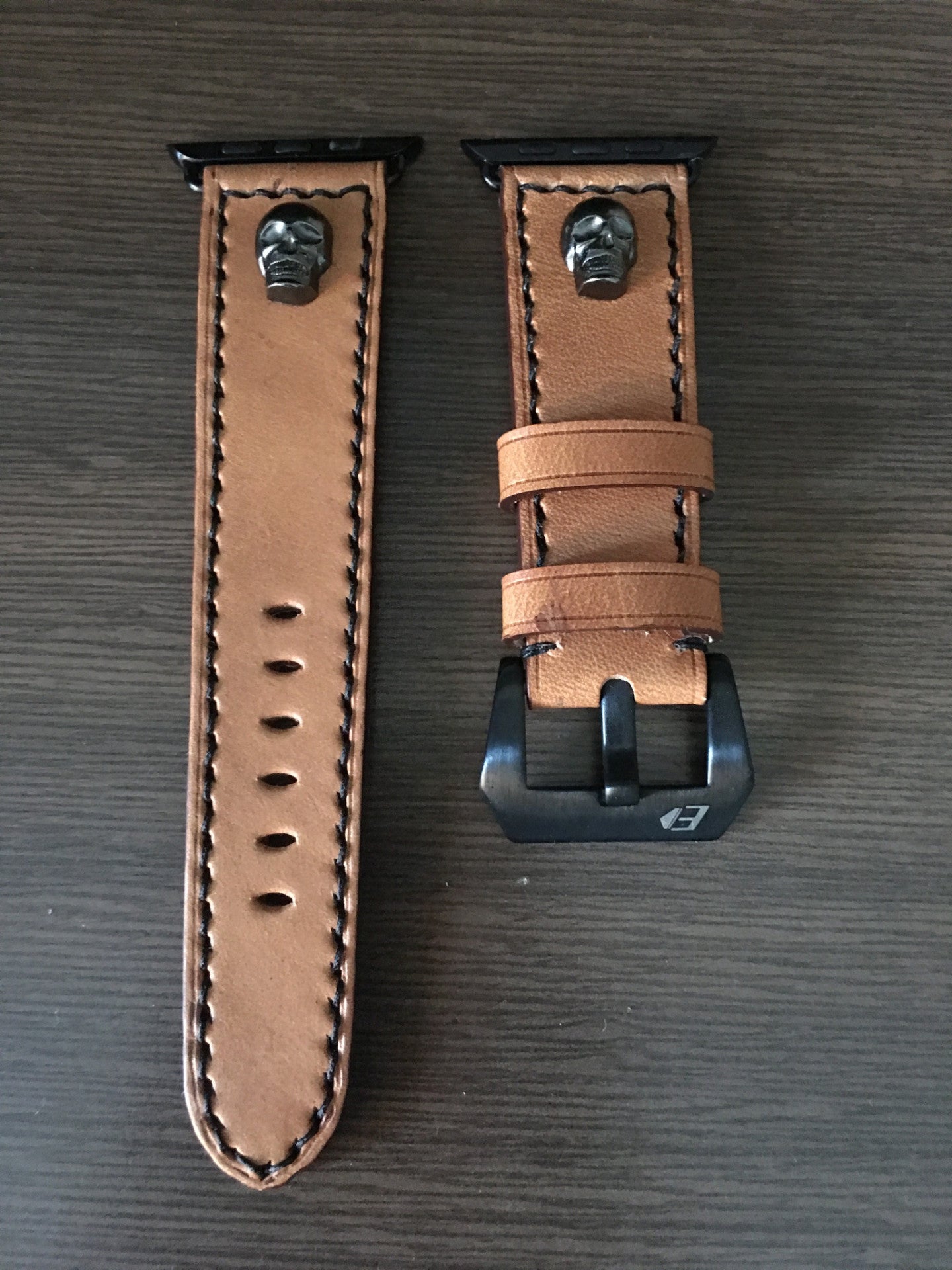 Apple Watch Series 6, Sterling Silver 925 Skull pin, Apple Watch Band, Series 6, Biege leather Watch Straps, Apple Watch 44mm