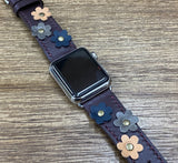 Apple Watch Band in Purple Red Genuine Leather with Flower Decoration