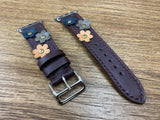 Apple Watch Band fit for 40mm Series 6 in Purple Red Genuine Leather with Flower Decoration, Apple Watch Straps in Single Tour Rallye Style, Gift Ideas for Wife