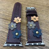 Apple Watch Band fit for 40mm Series 6 in Purple Red Genuine Leather with Flower Decoration, Apple Watch Straps in Single Tour Rallye Style, Gift Ideas for Wife