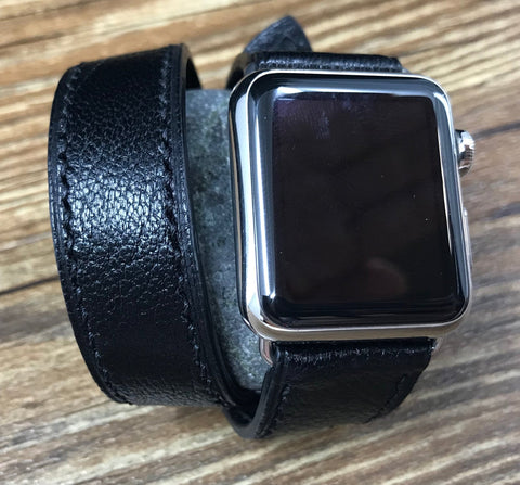 Apple Watch Band for Series 7, Apple Watch 44mm 40mm, Apple Watch Series 5, Black Togo Leather, Double Tour Series 6, Personalise Gift Ideas