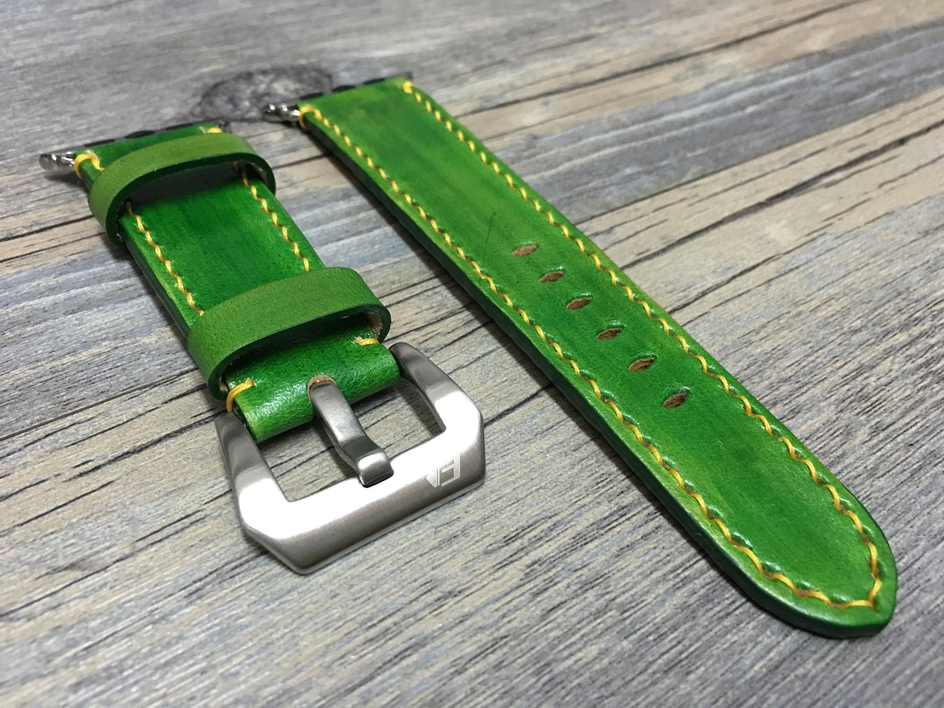 nomad Apple Watch Band, Apple Watch 45mm, Apple Watch 41mm space grey, Green Leather Apple Watch Band with Yellow stitching and polished silver design Buckle