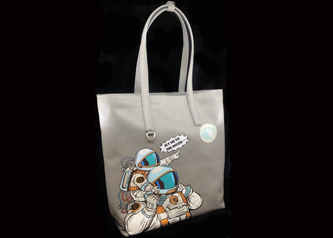 Astronaut Tote Bag with Art, Genuine Leather Tote Bag Lined, Space Tote Bag with a Moon, Space Gifts for Women Christmas, Astronaut Gift