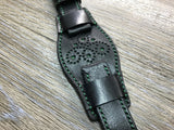 Black full bund strap, Handmade, Leather Cuff watch band, brogue pattern watch strap, 20mm, Bespoke, leather watch band, Free shipping - eternitizzz-straps-and-accessories