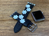 Black Genuine Leather Apple Watch Band in White Flower Decoration, Personalise Apple Watch Band in Series 6 40mm, iWatch Customized Band, Gift Ideas for wife