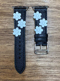 Black Genuine Leather Apple Watch Band in White Flower Decoration, Personalise Apple Watch Band in Series 6 40mm, iWatch Customized Band, Gift Ideas for wife