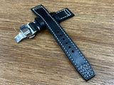 IWC Watch Strap, Pilot Watch Straps, Leather Watch Strap 22mm, Genuine Leather in Black with White Stitching and Deployant Clasp Buckle, Aviator Watch Strap, Wristwatch band gift, Gift Ideas for Boyfriend