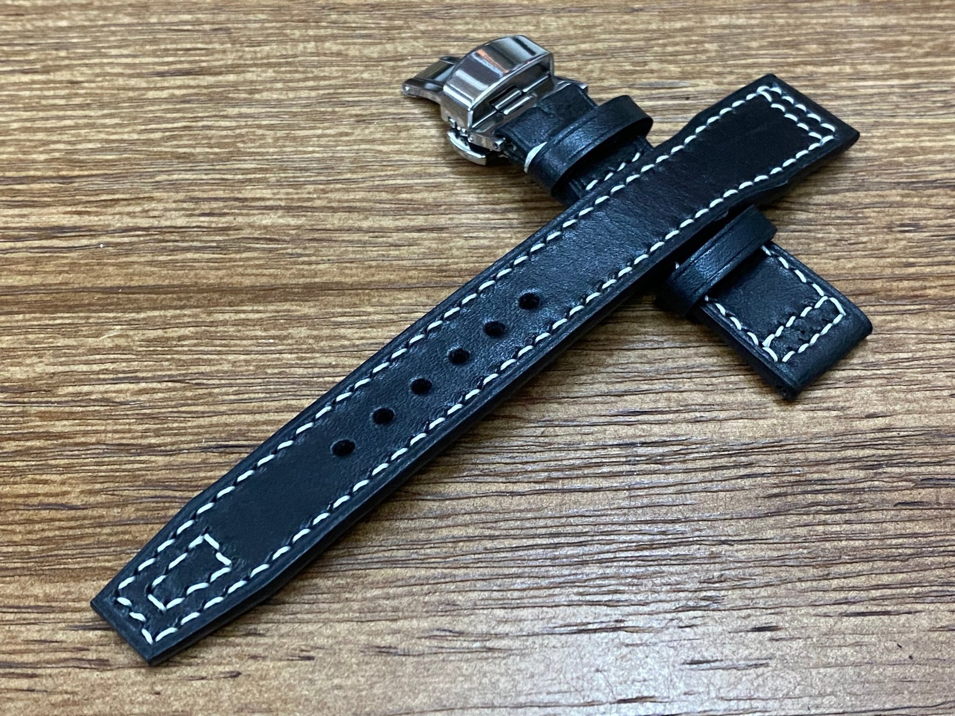 Black Genuine Leather Pilot Watch Strap 22mm, Leather Watch Band 20mm, Aviator Watch Straps with Deployant Clasp, Anniversary Gift Ideas for Boyfriend