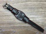 Black full bund strap, Handmade, Leather Cuff watch band, Red brogue pattern watch strap, 20mm, Bespoke, leather watch band, Free shipping - eternitizzz-straps-and-accessories
