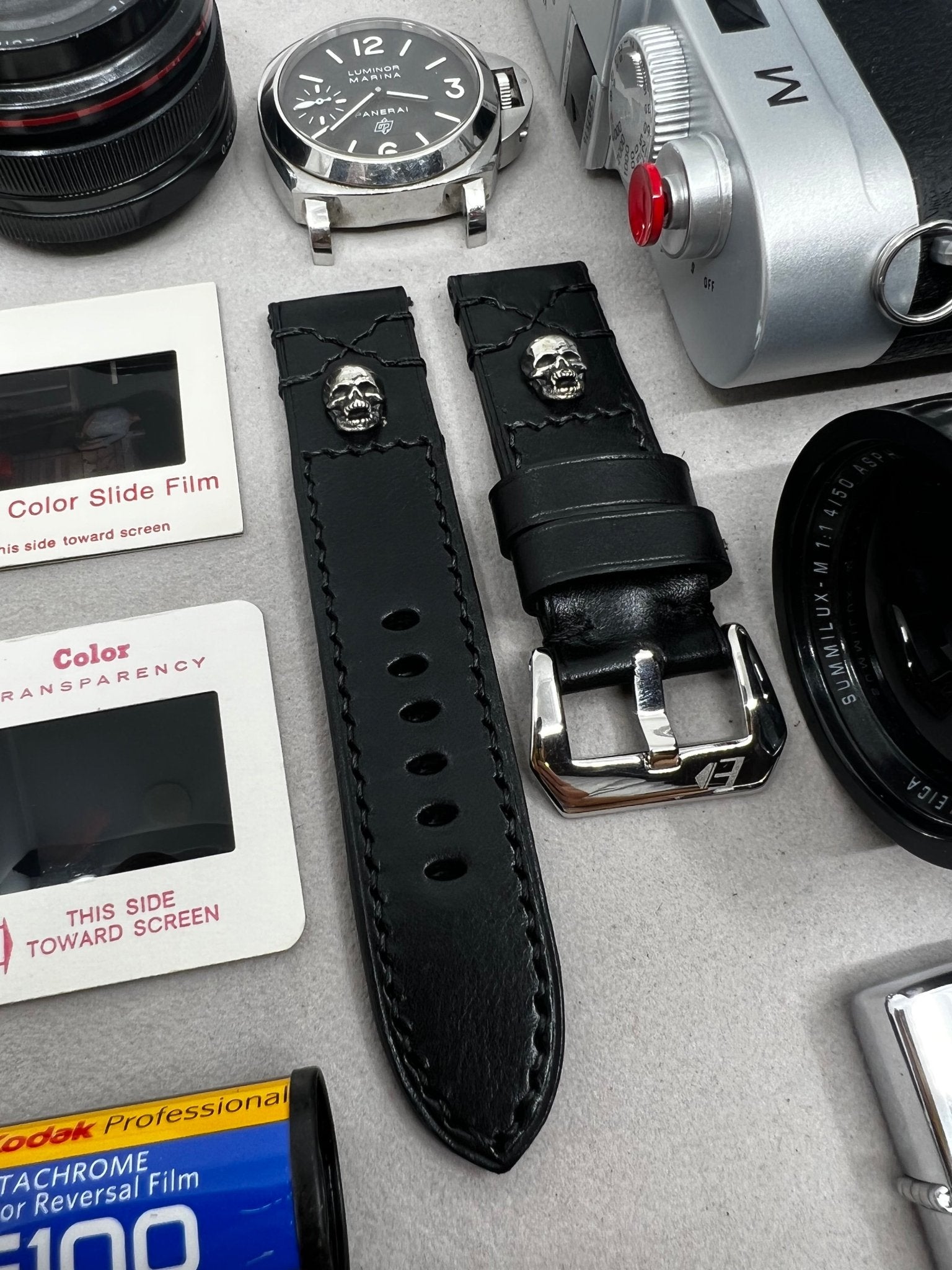Watch Strap 24mm Black Leather Watch Band 22mm Sterling Silver Skull Yellow 20mm