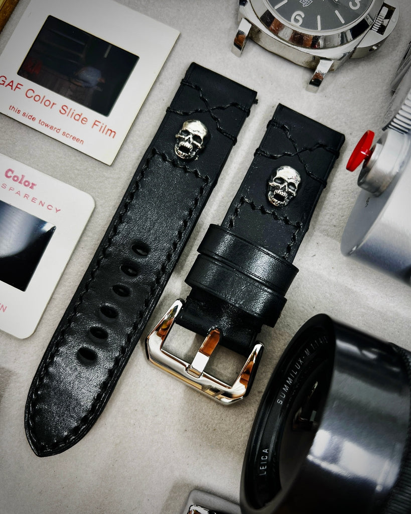 Leather Watch Strap 20mm, Watch Band 19mm, Watch Strap 24mm with Sterling Silver 925 skull, Wrist watch Band in Black stitching and genuine Leather, Valentines Gift ideas