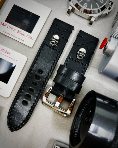 Black leather watch Straps 20mm, Sterling Silver 925 Skull, Buckle Watch Band 24mm Wrist Watch Straps in Black Stitching, Men gift ideas