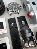 Black leather watch Straps 20mm, Sterling Silver 925 Skull, Buckle Watch Band 24mm Wrist Watch Straps in Black Stitching, Men gift ideas