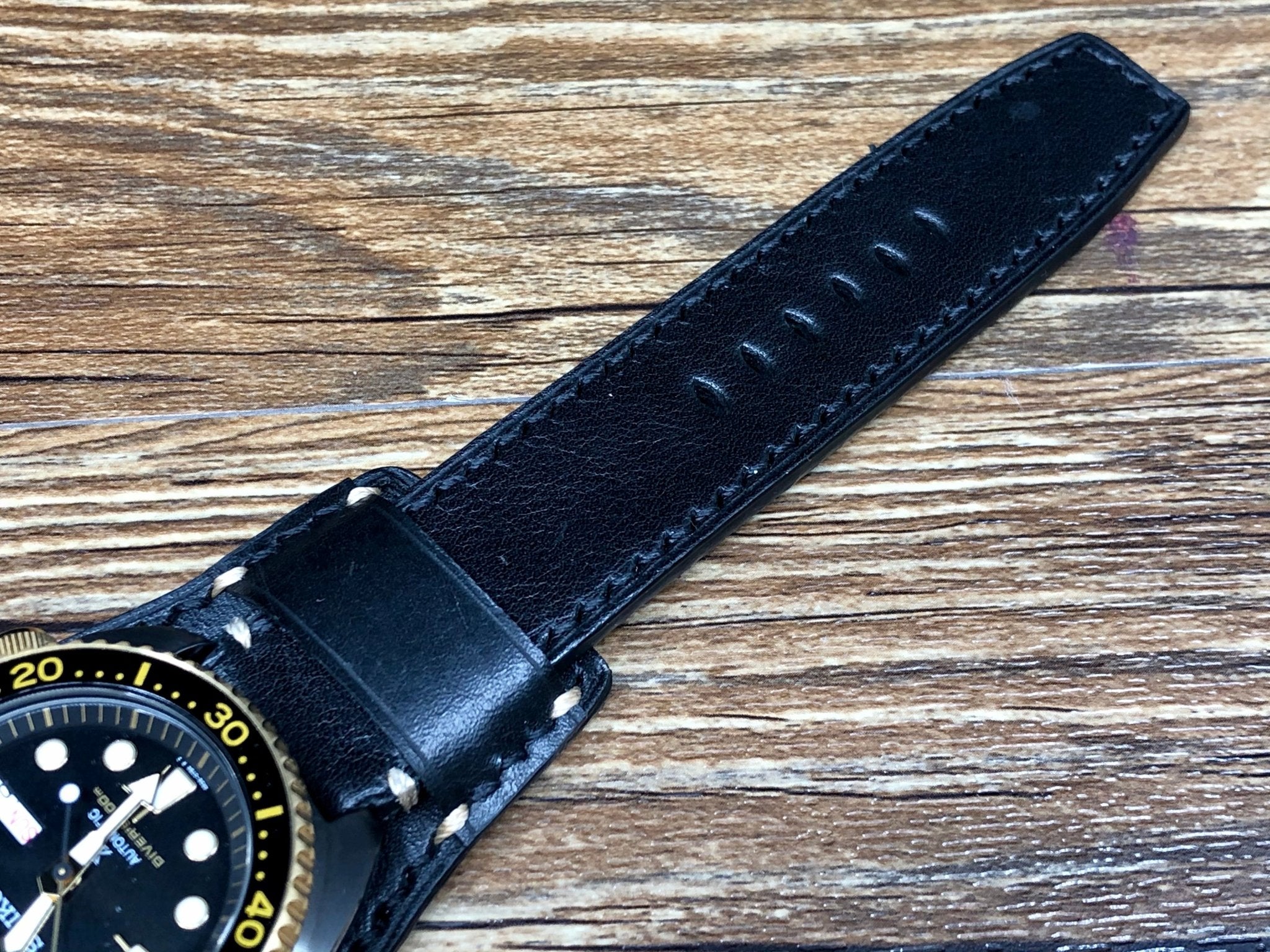 Black Leather Watch Straps 22mm for Seiko Prospex Leather Bund Straps