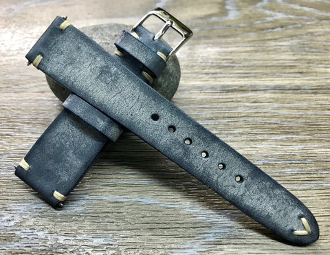 Blue Leather Watch Strap, Distress Genuine Leather Watch band 20mm, Personalise Mens Wristwatch Band 19mm, gift ideas for husband