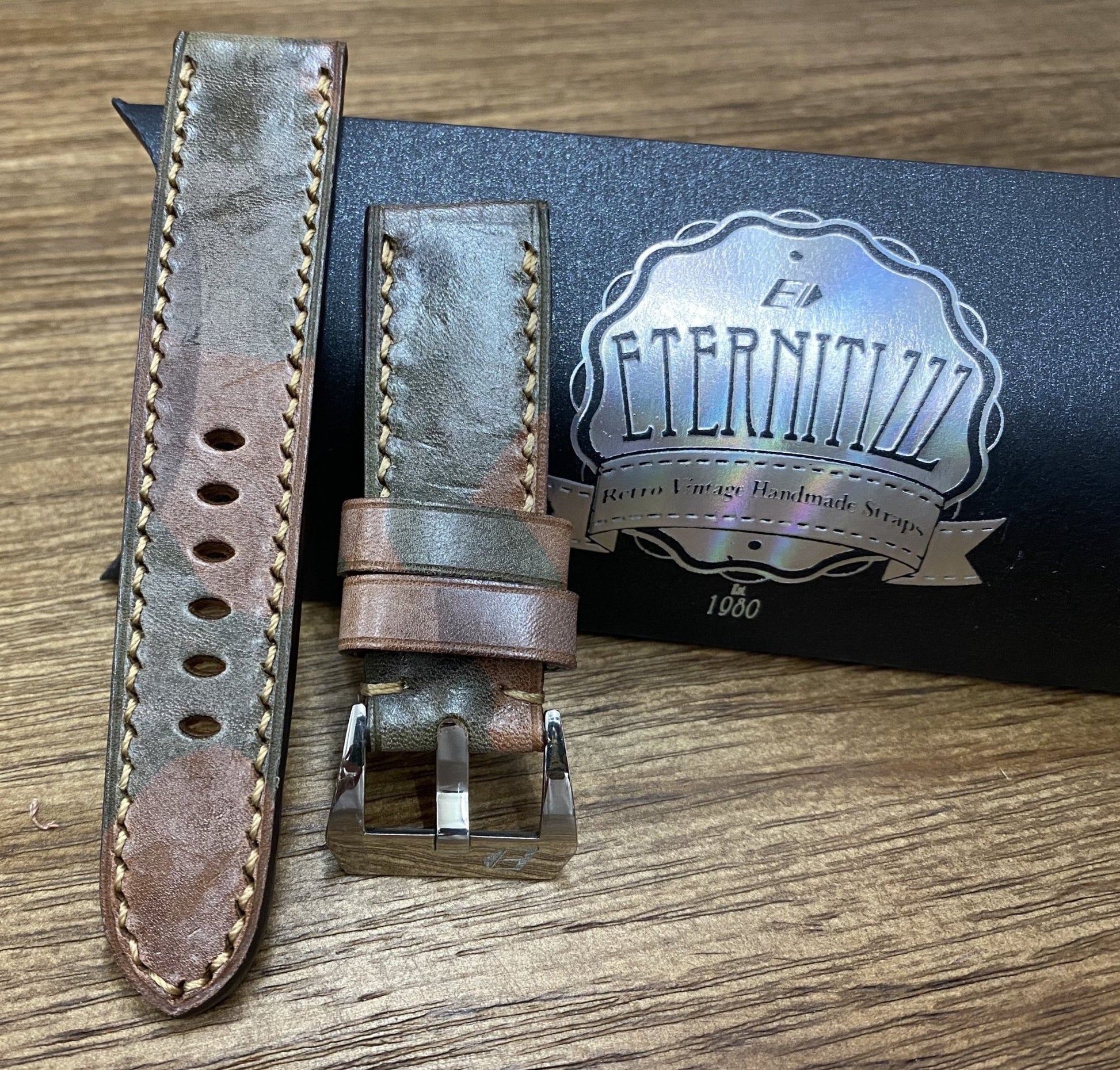 Brown Ghost Camouflage Leather Watch Straps in 24mm, 26mm, Genuine Leather Watch Straps with Silver Stainless Steel 22mm buckle, Mens Watch Band Replacement