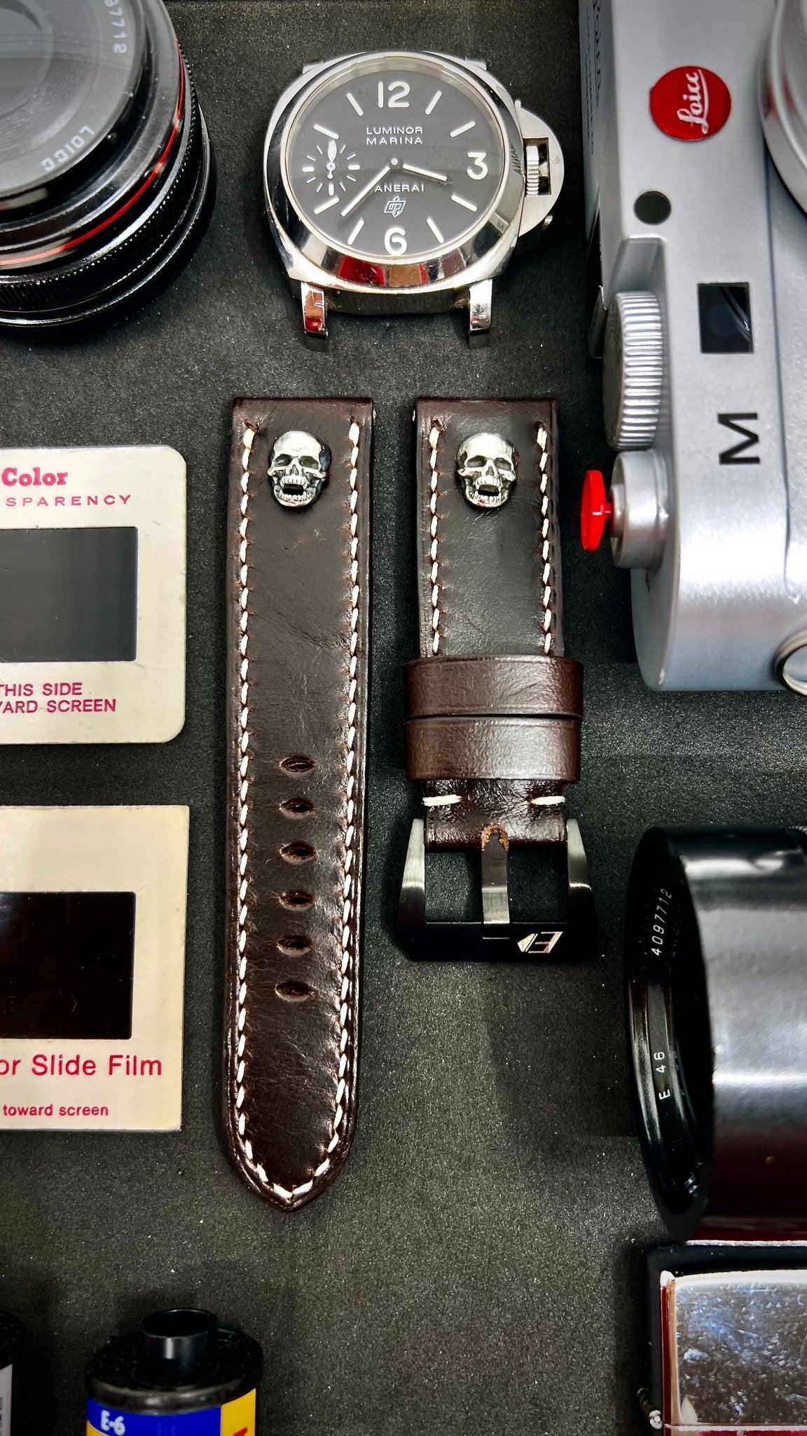 Upgrade your timepiece with our dark brown leather watch band featuring a sterling silver skull stud. Fits 24mm & 26mm lug widths.