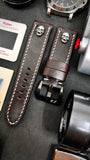Add some personality to your wristwatch with our dark brown leather band & 925 silver skull stud. Fits 24mm & 26mm lugs.