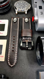 Elevate your wrist game with this brown leather watch strap and silver skull stud. Perfect for 24mm & 26mm watches.