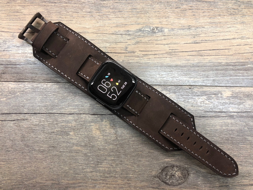 Fitbit Versa 2, Fitbit Watch Band, Watch Strap, Versa Lite Full bund Watch Strap, Leather cuff Watch Strap, Dark Brown Fitbit Leather Watch Band