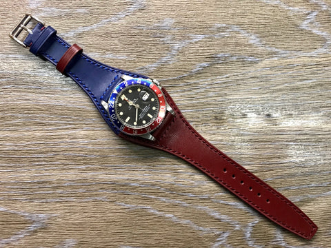 Genuine Leather Watch Strap, Red Blue Watch Strap 20mm, Full Bund Straps, Watch Band with Cuff Leather Base, Dual Color Strap fit for Pepsi Basel