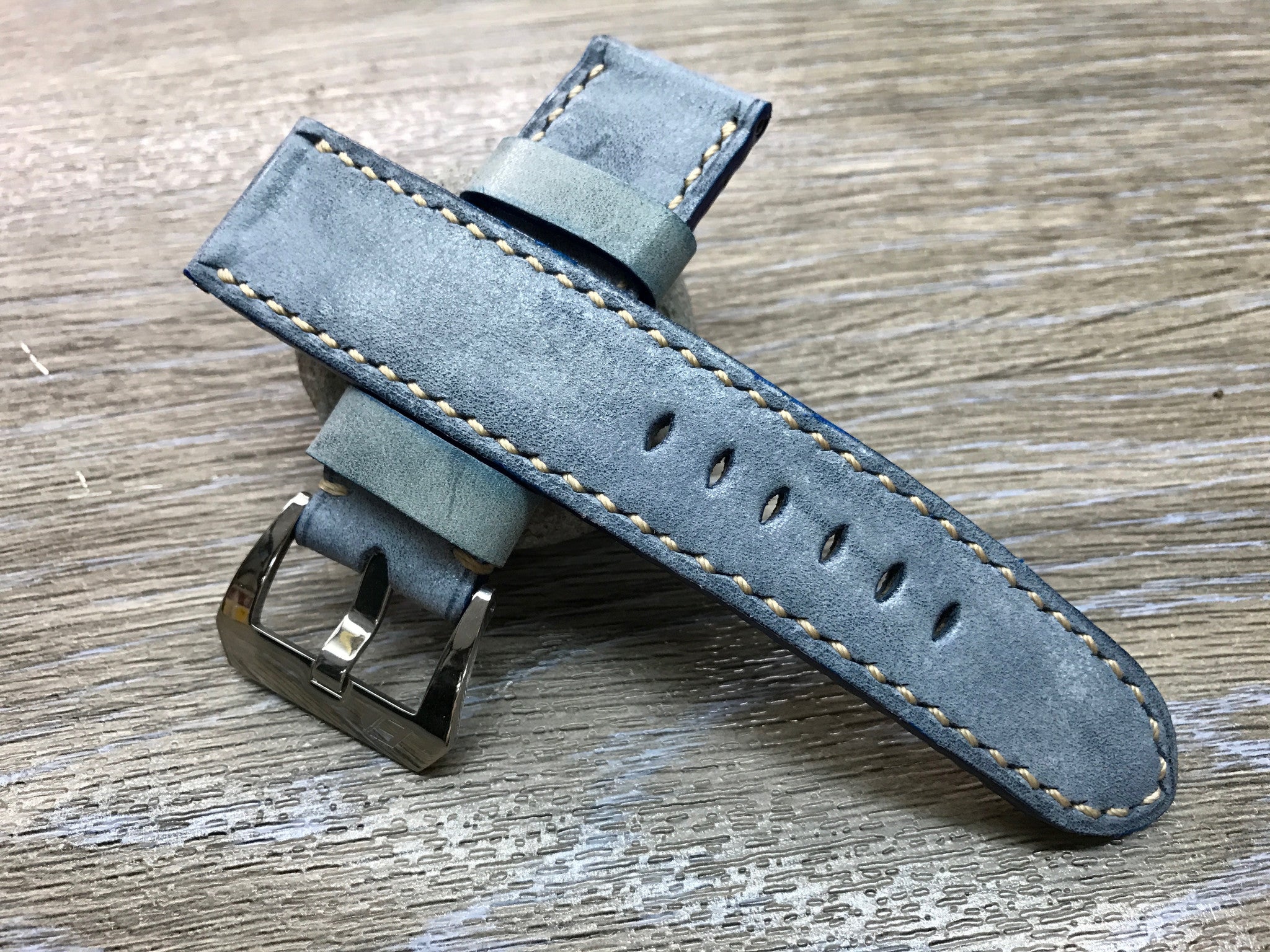 24mm straps, Handmade waxed vintage Blue leather watch band, real leather watch strap for Panerai - eternitizzz-straps-and-accessories
