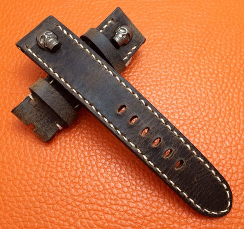 Geunine Leather Watch Strap vintage dark brown in 24mm/22mm lug width with Sterling Silver 925 skull pin, Mens Wrist Watch band, Christmas Gift Idea