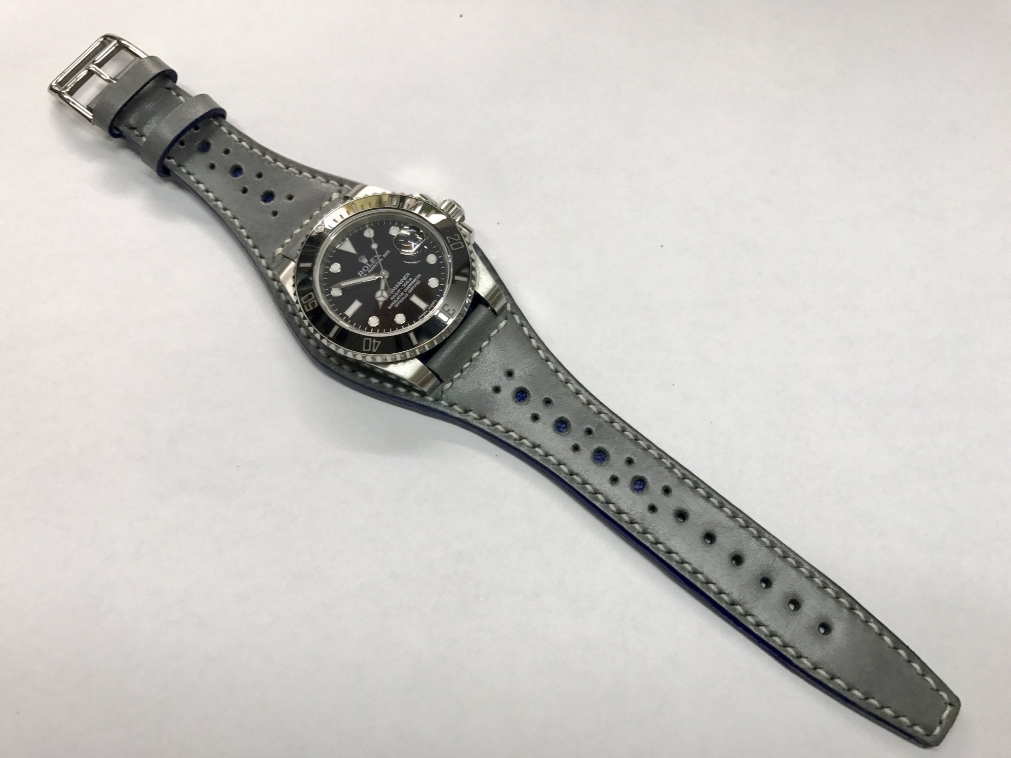 Handmade leather cuff watch strap, Brogue Pattern Vintage Gray leather cuff watch band for Rolex Watches - 20mm/18mm - eternitizzz-straps-and-accessories