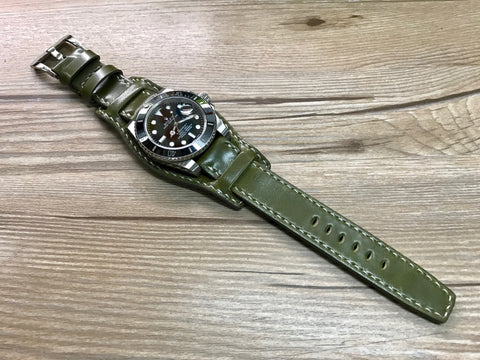 Horween Shell Cordovan Leather cuff watch Band for Rolex Watches (Army Green) - 20mm/20mm