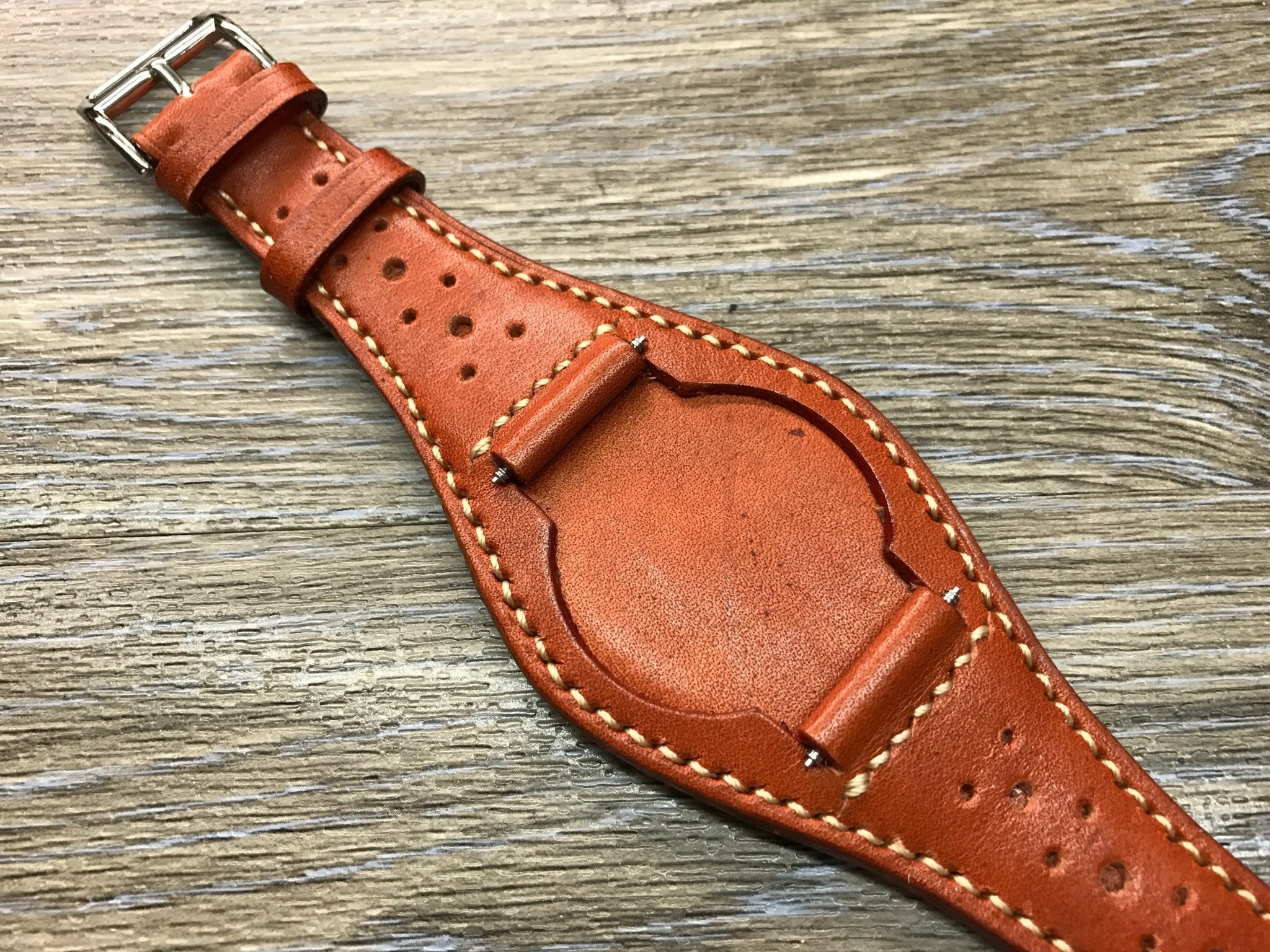 Leather bund strap for Rolex, Leather watch strap, Brogue Pattern Orange Leather Watch Strap, 20mm Watch band for Tudor, 19mm lug - eternitizzz-straps-and-accessories