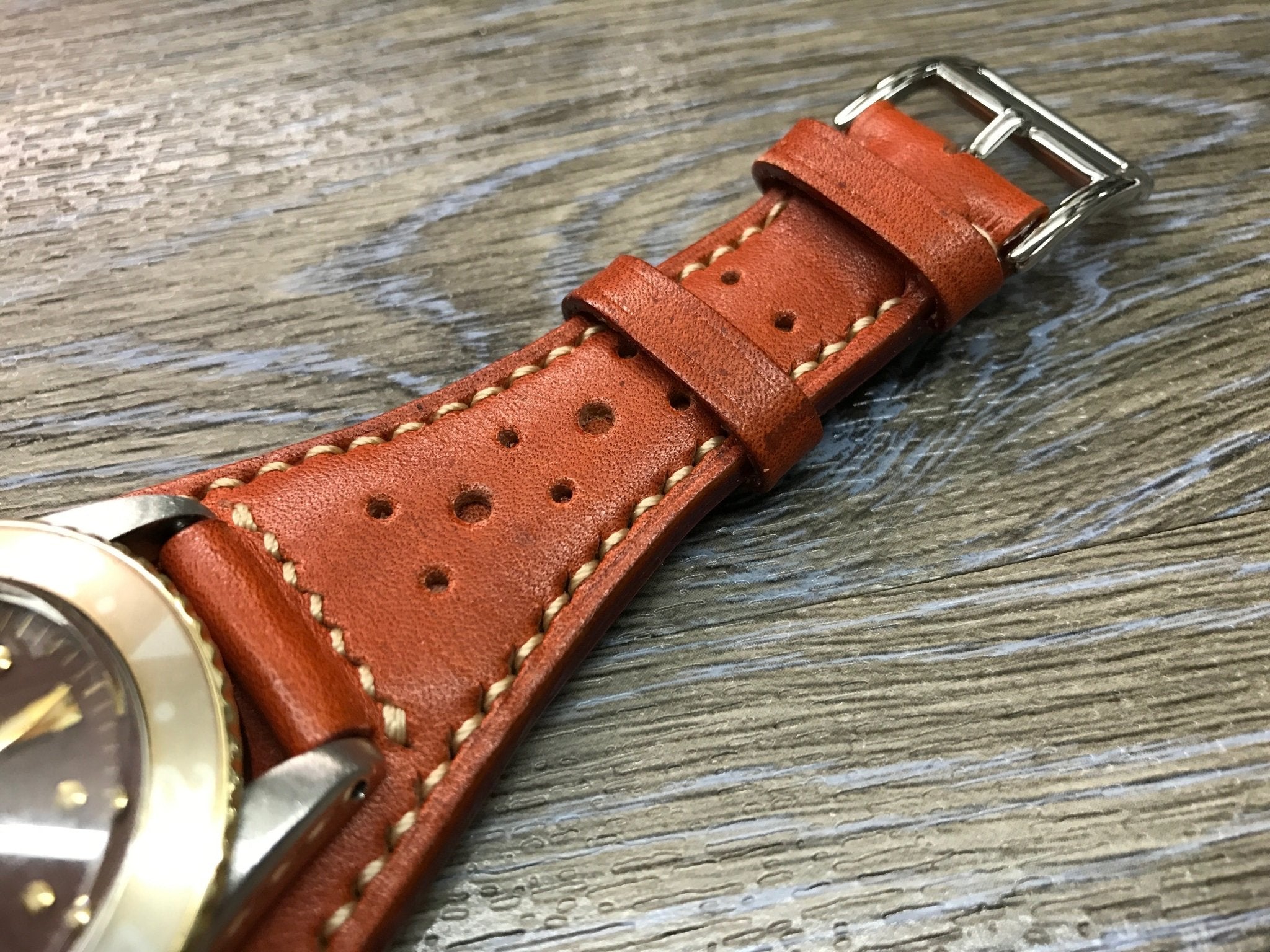 Leather bund strap for Rolex, Leather watch strap, Brogue Pattern Orange Leather Watch Strap, 20mm Watch band for Tudor, 19mm lug - eternitizzz-straps-and-accessories