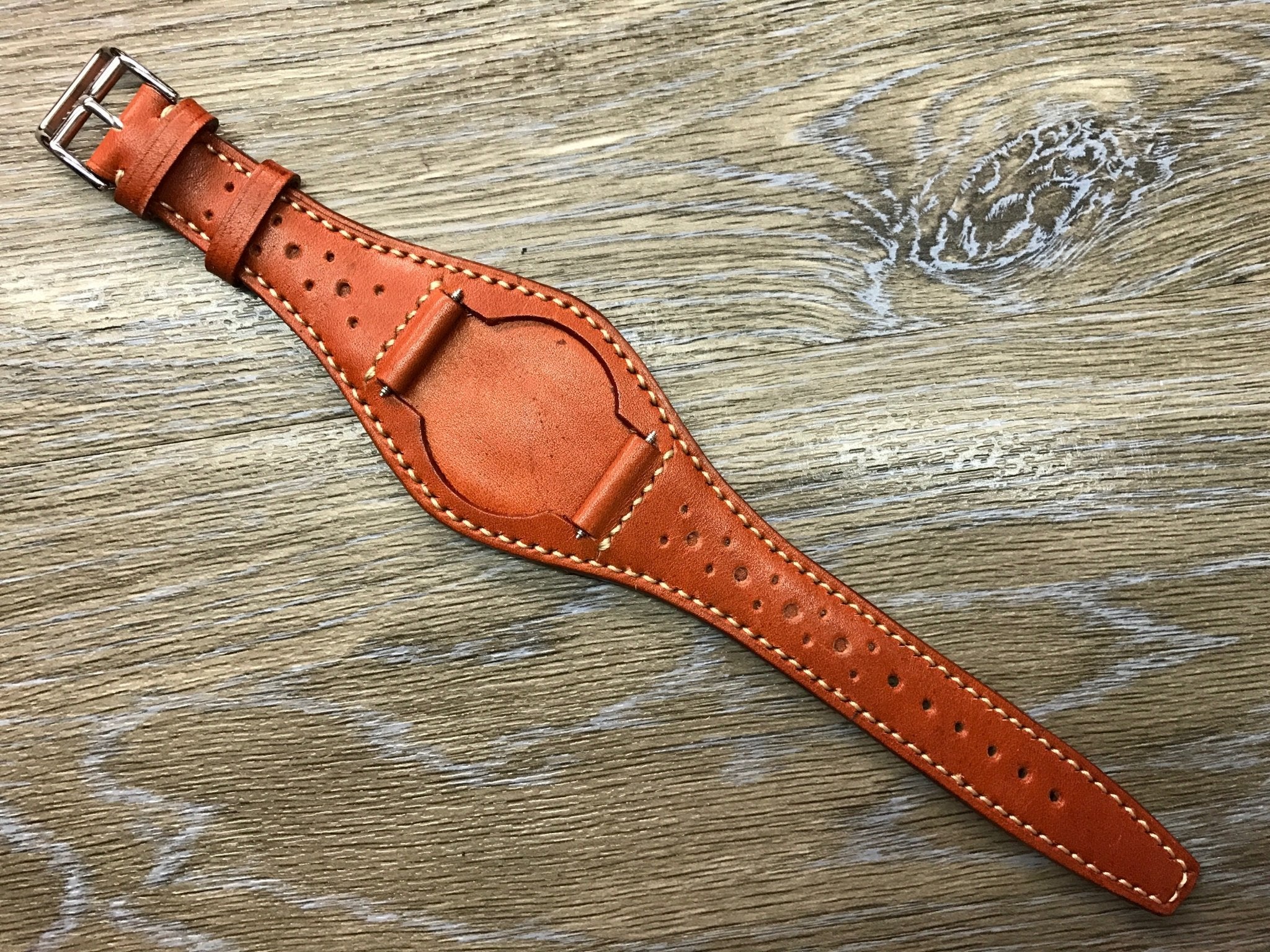 Leather bund strap for Rolex, Leather watch strap, Brogue Pattern Orange Leather Watch Strap, 20mm Watch band for Tudor, 19mm lug - eternitizzz-straps-and-accessories