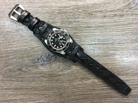 Leather cuff watch strap for Rolex Watches (Alligator Skin Matt Black) - 20mm/20mm