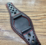 Leather Racing watch Straps 20mm with Deployant Clasp & Red Stitching, Full Bund Straps in 20mm, 19mm Black Rally Watch Band, Cuff Watch straps
