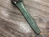Leather bund Straps in vintage green leather and cream white stitching that punch with brogue pattern. Six holes on the long end of the straps