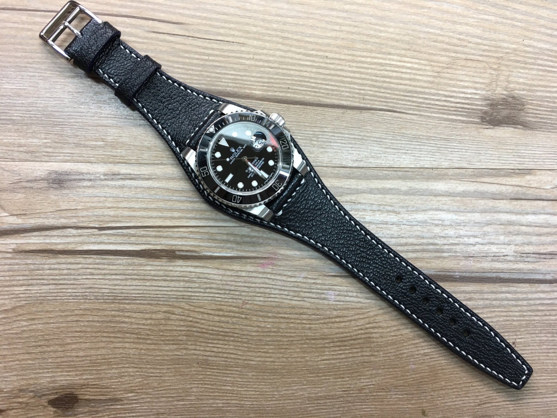 Handmade Pure Black Leather cuff band for Rolex - strap fit all 44mm watch, 20mm lug width - eternitizzz-straps-and-accessories
