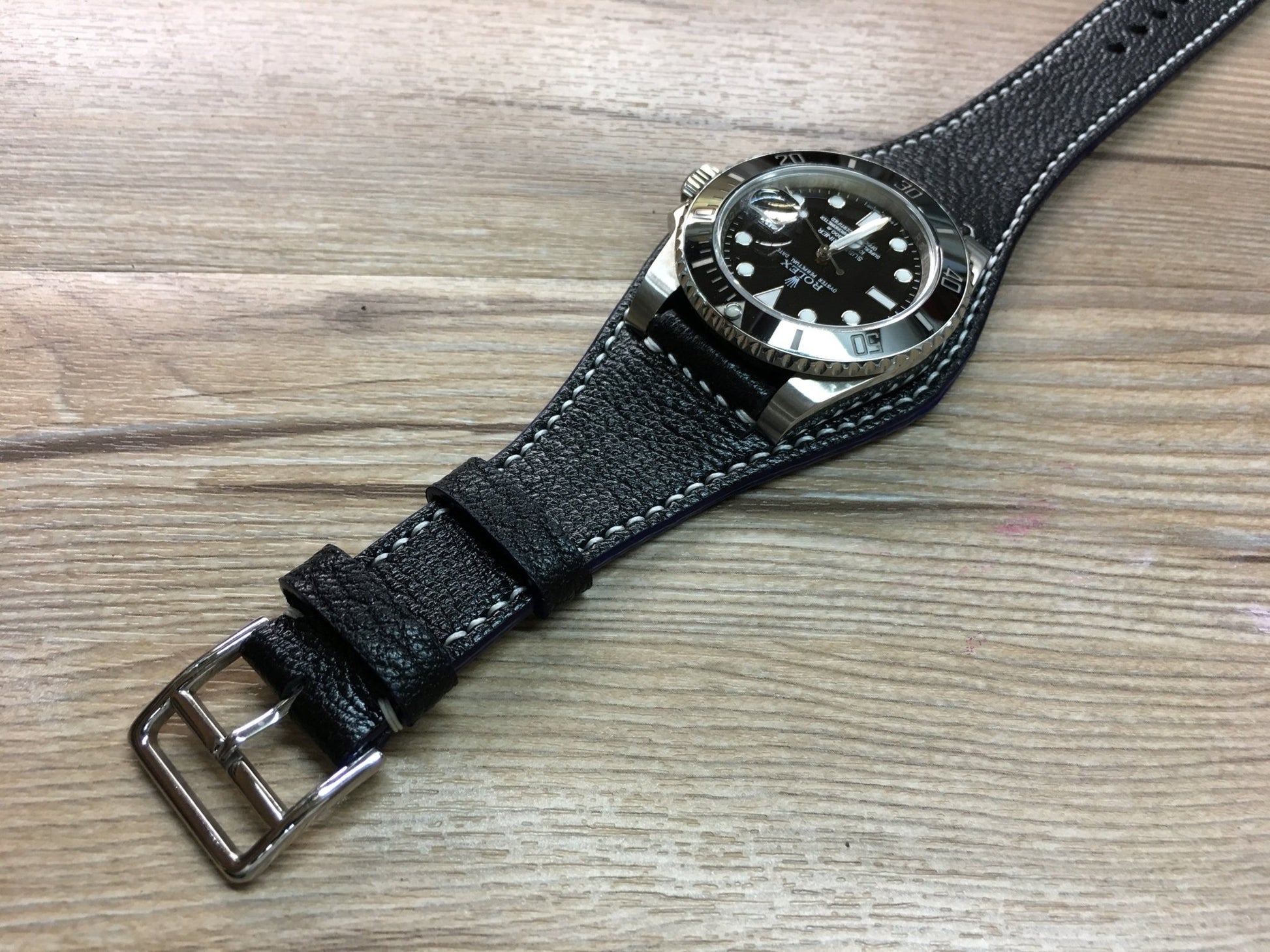Handmade Pure Black Leather cuff band for Rolex - strap fit all 44mm watch, 20mm lug width - eternitizzz-straps-and-accessories