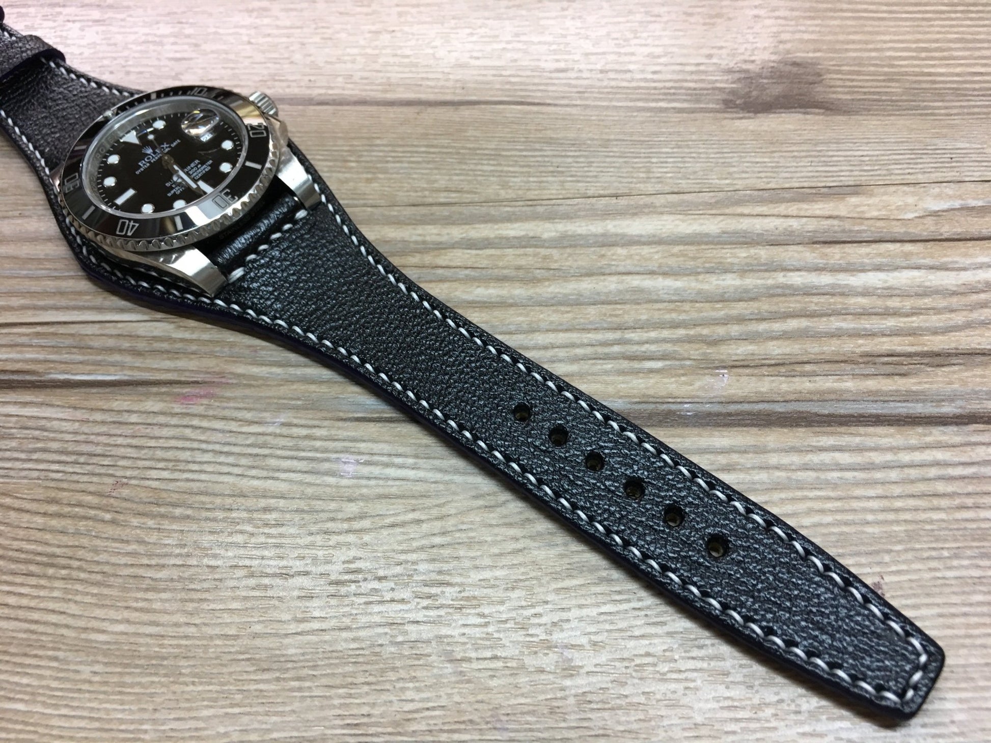 Handmade Pure Black Leather cuff band for Rolex - strap fit all 44mm watch, 20mm lug width - eternitizzz-straps-and-accessories