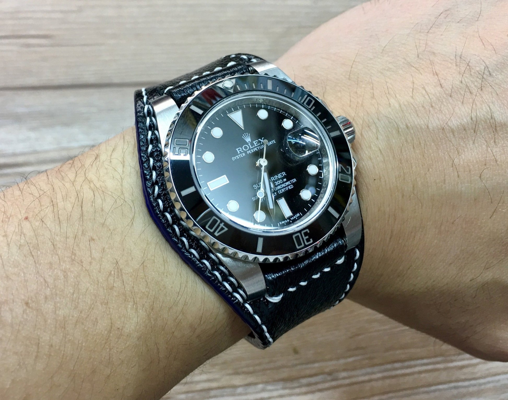 Handmade Pure Black Leather cuff band for Rolex - strap fit all 44mm watch, 20mm lug width - eternitizzz-straps-and-accessories
