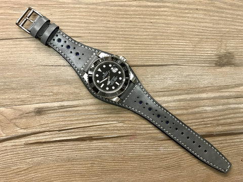 Leather Watch Strap 20mm, Cuff Watch Band 19mm 22mm, Brogue Pattern Grey Leather wrist watch band, Christmas Gift Ideas