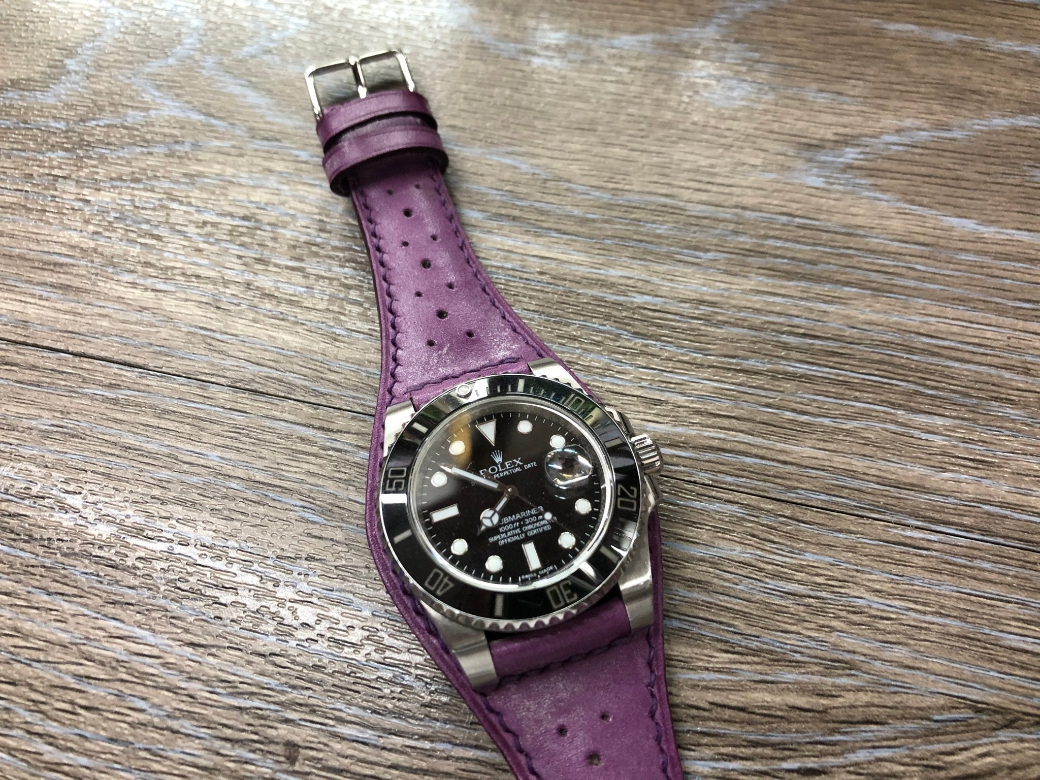 Purple Leather Watch Straps in Brogue Pattern, 20mm lug width with 18mm Watch Buckle, Purple Stitching with foam support insole