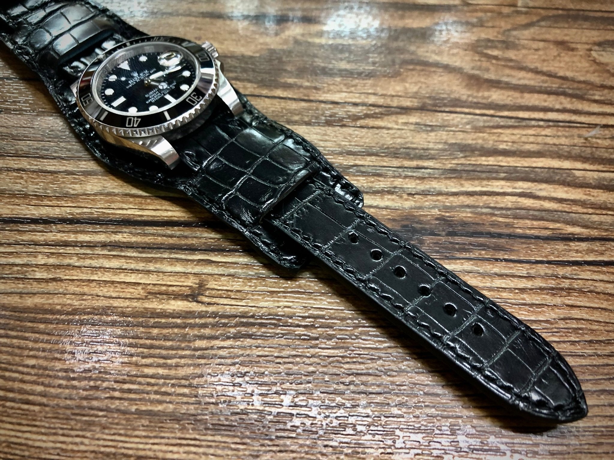 Watch Strap, Black Alligator Leather Bund Strap Band 20mm 22mm