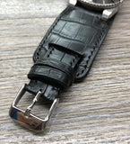 Newman Alligator Watch Straps 20mm, Black Alligator Leather Bund straps, Vintage leather cuff watch bands,  Mens wrist watchbands, Christmas Gift idea