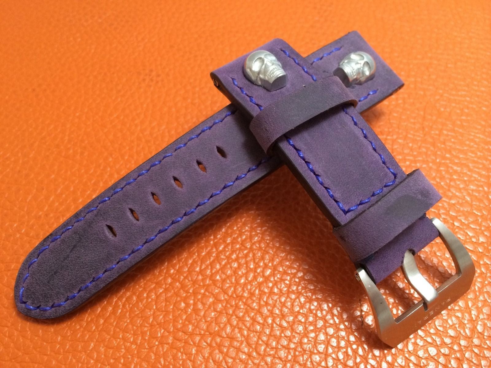 Panerai Watch Strap, 24mm Leather Watch Band, Purple Watch Strap, 26mm Watch Band, Sterling Silver Skull - eternitizzz-straps-and-accessories
